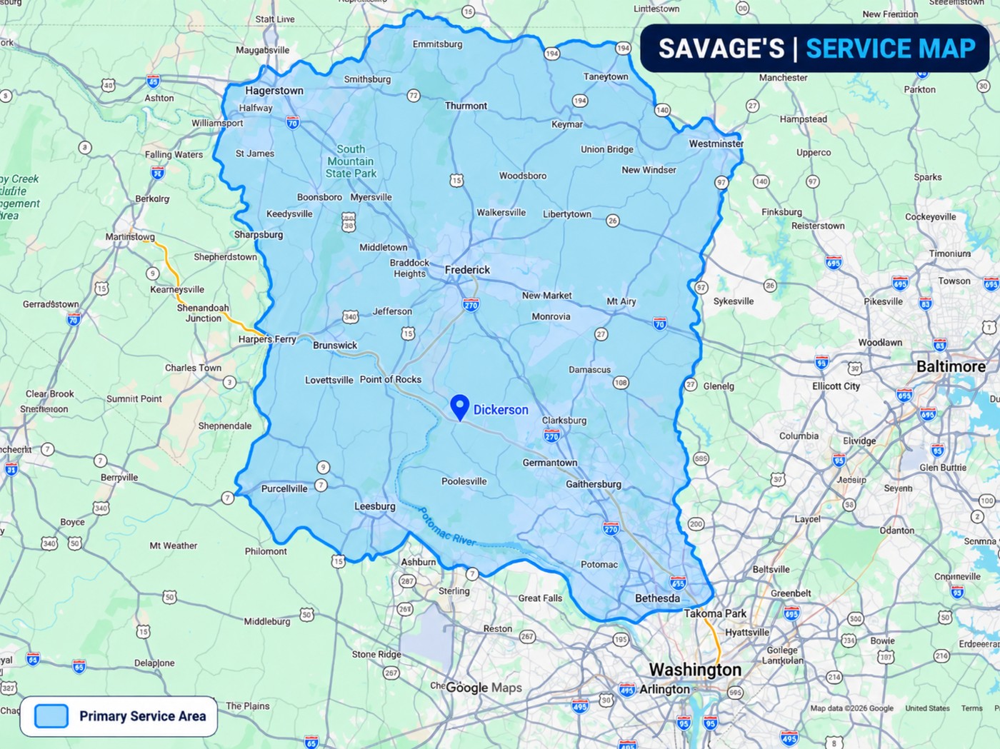 Map of Savage's Waste Solutions primary service area, shaded across Montgomery, Frederick, and Washington counties, Maryland, centered near Dickerson